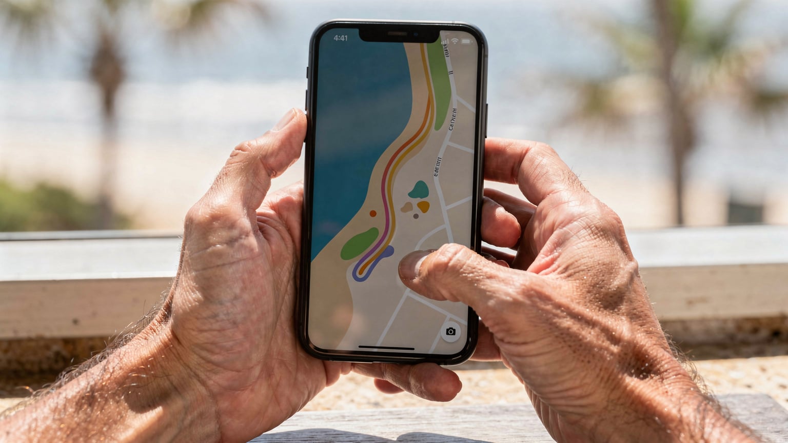 Manos de una persona sosteniendo un smartphone, el pulgar navegando por una aplicación de mapas que muestra una ruta hacia una playa idílica, con el sol reflejándose en la pantalla.