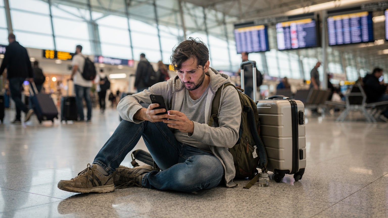 Un viajero cansado sentado en el suelo de un aeropuerto abarrotado, su teléfono con la pantalla oscura en la mano, un gesto de resignación mientras el equipaje está a su lado.