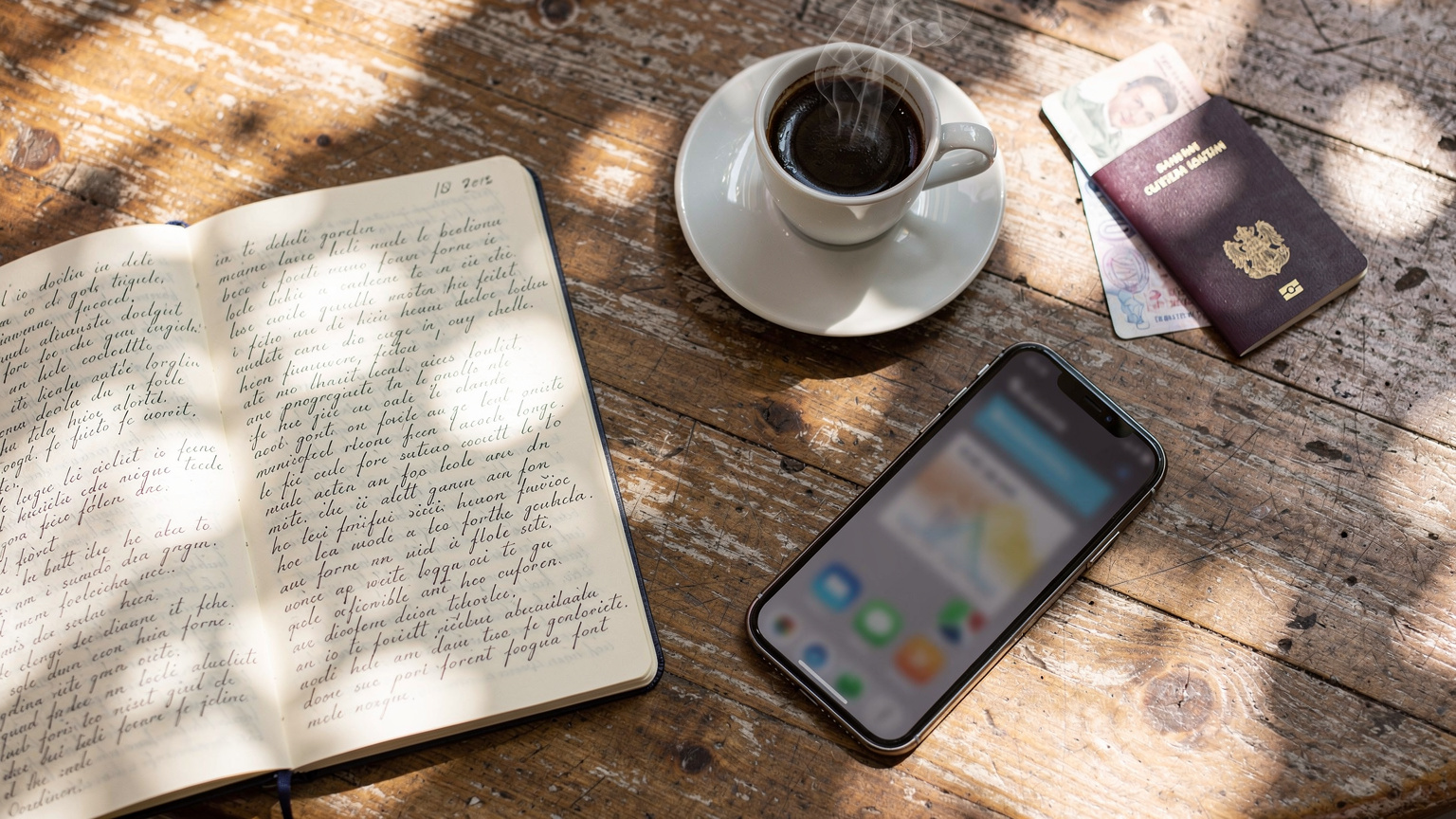 En översiktsbild på ett europeiskt cafébord med en öppen resedagbok, en kopp kaffe, ett pass och en smartphone som visar Cellesims app med dataförbrukning.
