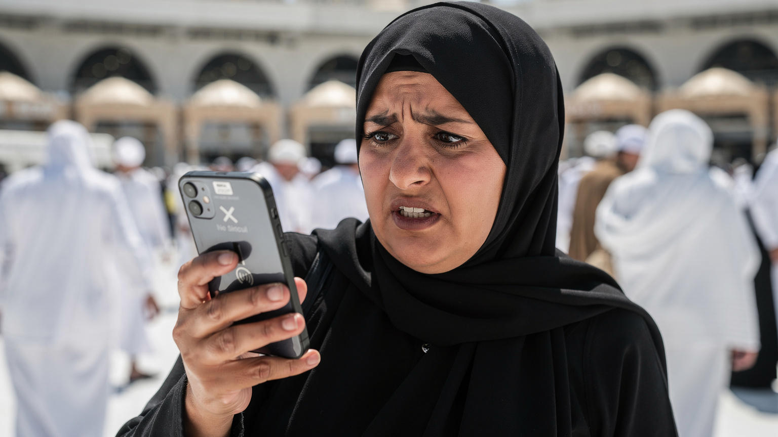 أم سعودية تنظر بقلق إلى شاشة هاتفها الخالية من الإشارة في منطقة مزدحمة خارج المسجد الحرام، مع خلفية ضبابية للحشود.