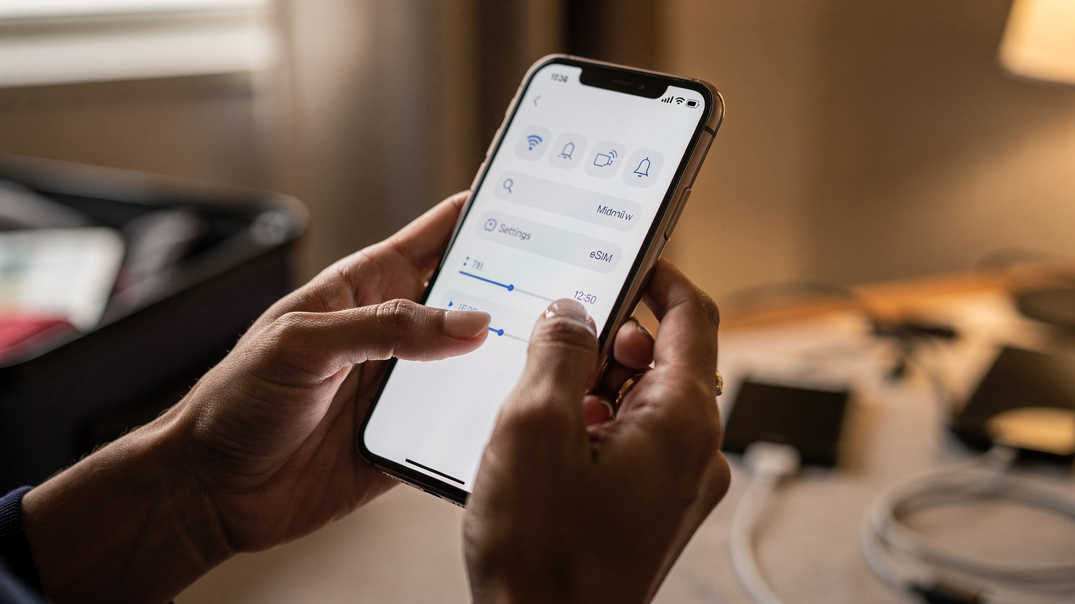 صورة مقربة لأيدي أم سعودية وهي تقوم بتفعيل eSIM على هاتف ذكي، مع ظهور شاشة إعدادات الشبكة، وخلفية ضبابية لتجهيزات السفر.