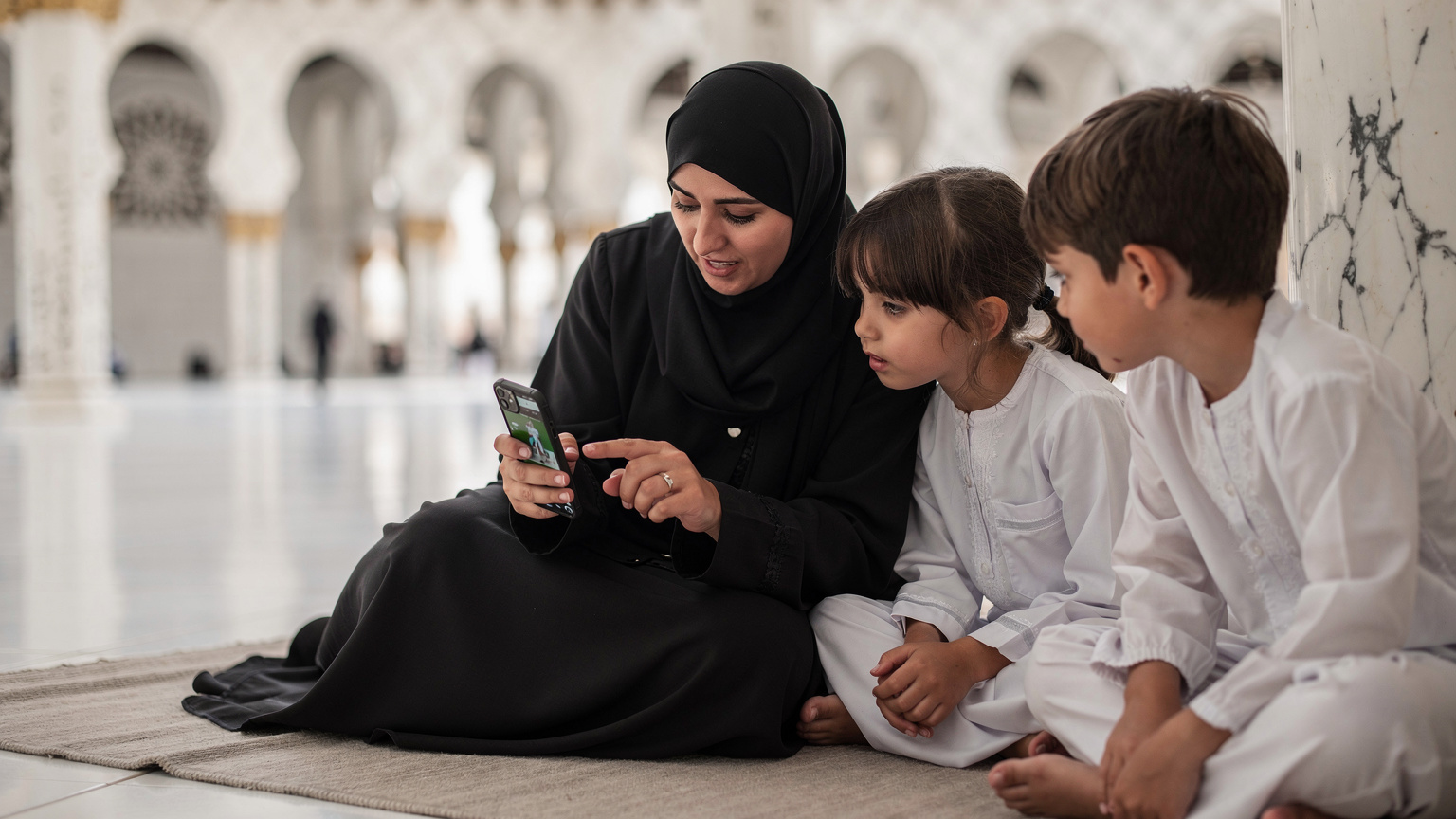 أم سعودية تشير إلى شاشة هاتفها الذكي لطفليها، حيث يظهر تطبيق ذكاء اصطناعي يقدم إرشادات للعمرة، في أجواء المسجد الحرام المريحة.