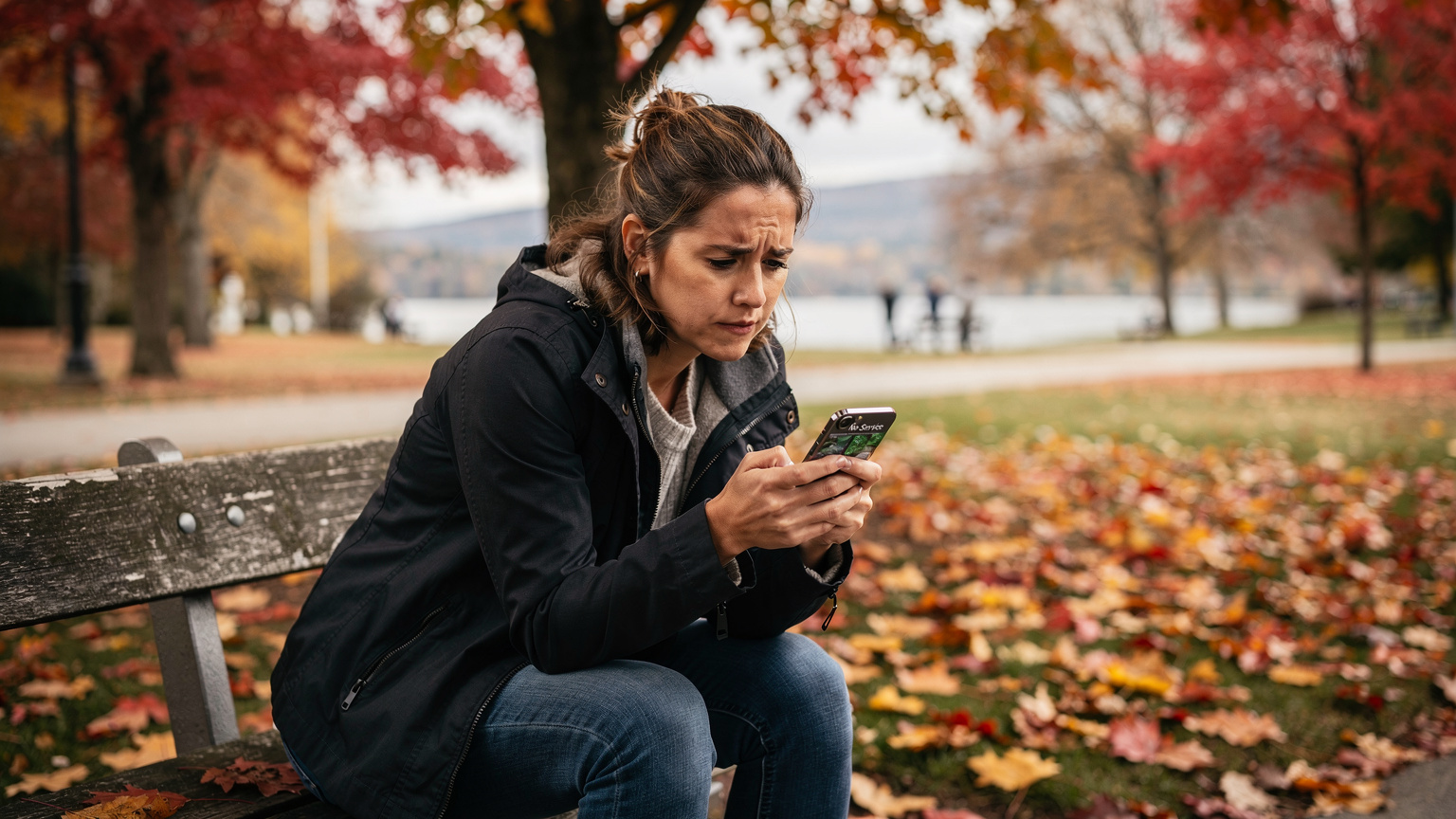 A concerned traveler sitting on a park bench in Burlington, Vermont, looking at their smartphone with a 'No Service' message displayed, while vibrant autumn leaves fall around them.