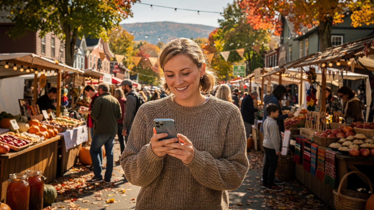 A traveler using their smartphone to navigate through a bustling autumn festival in a charming small town in New England, surrounded by food stalls and colorful decorations.