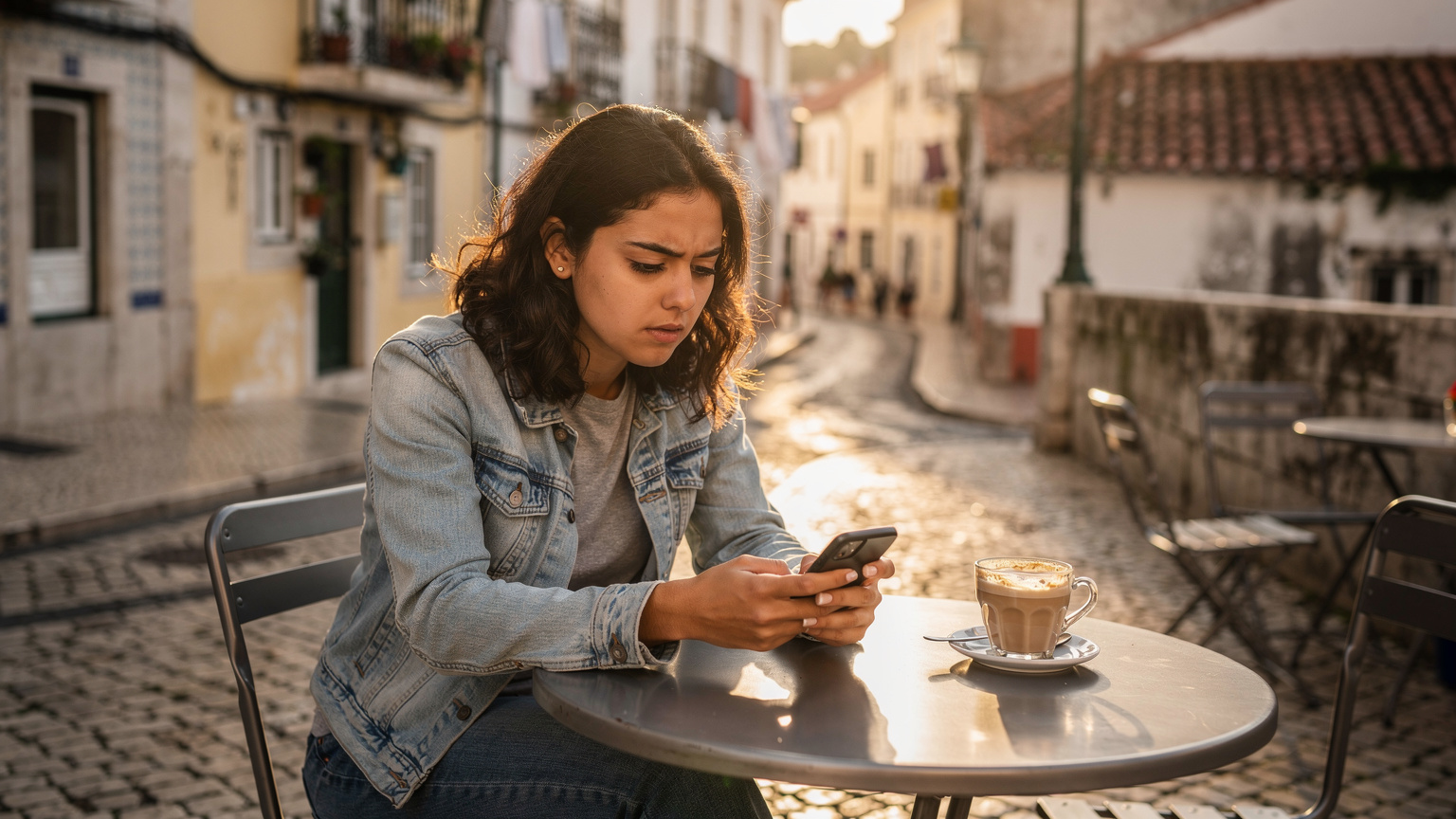 Uma estudante sentada numa esplanada em Alfama, Lisboa, com o telemóvel na mão, pesquisando no Google Maps o caminho para a universidade, com um copo de café ao lado.