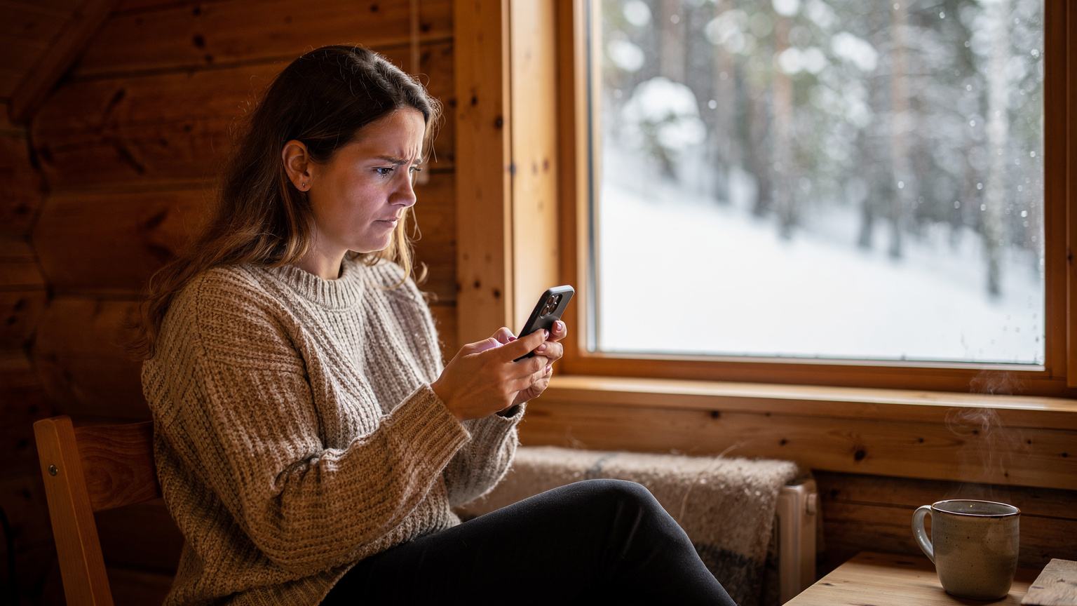 En kvinde i en hyggelig norsk hytte ved et vindue, tjekker sin telefon med en bekymret mine, mens snefald dækker landskabet udenfor. Hendes telefon viser en "ingen service"-indikation, der illustrerer et problem med forbindelse.