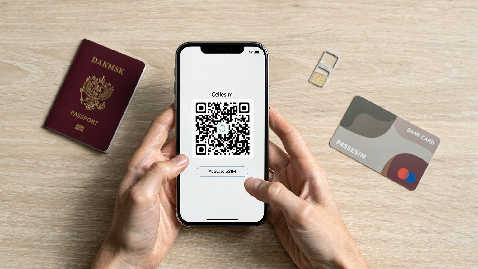 Nærbillede af en persons hænder, der holder en smartphone med en Cellesim-app åben, klar til at scanne en eSIM QR-kode, omgivet af et pas, et fysisk SIM-kort, og et kreditkort, der illustrerer den lette opsætning for rejsende.