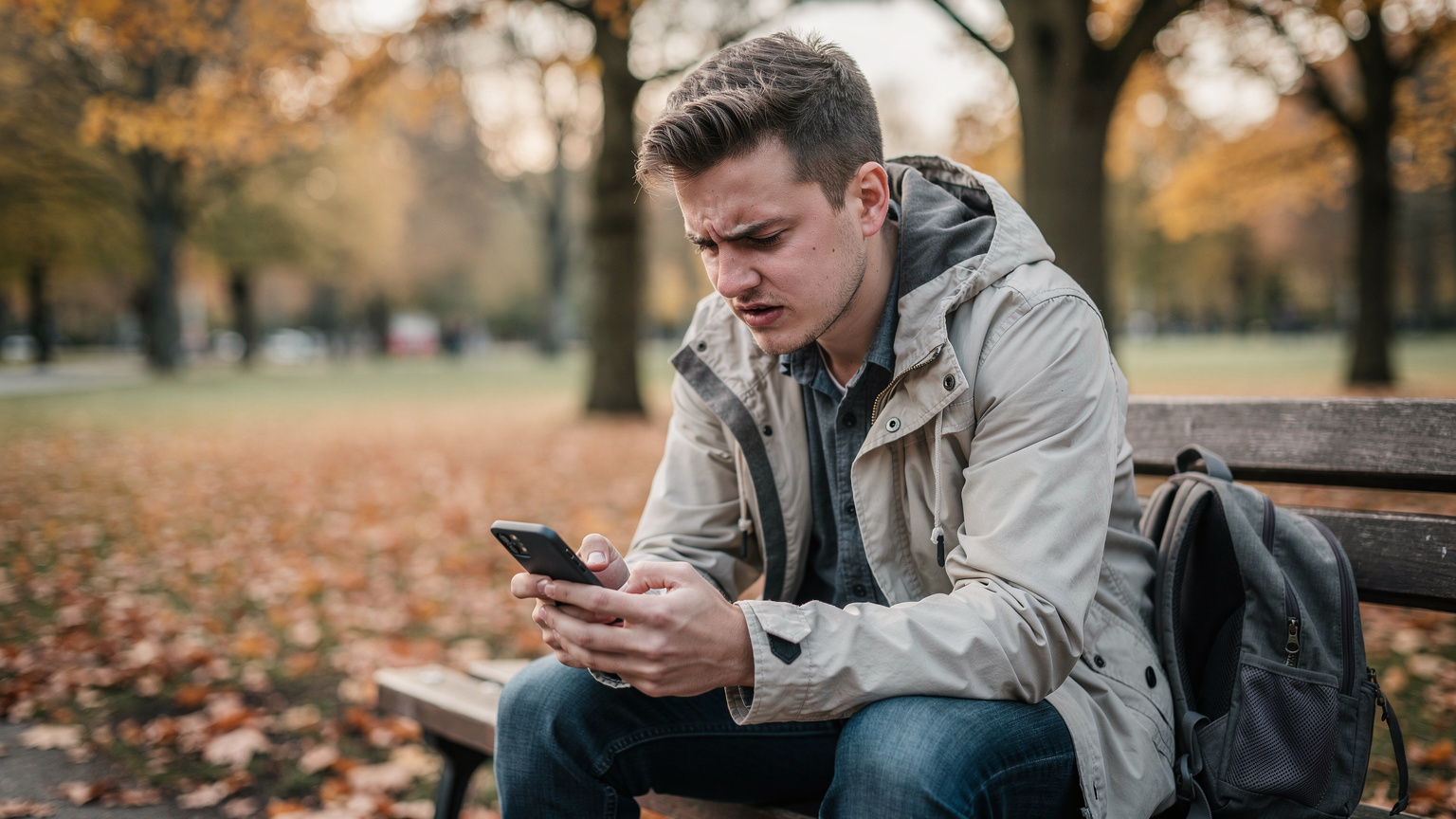 En ung mand sidder på en træbænk i en park i Oslo, ser bekymret på sin telefon, der viser en fejlmeddelelse om netværksforbindelse. Han er iført en let jakke og har en rygsæk ved siden af sig, mens efterårets blade dækker jorden.
