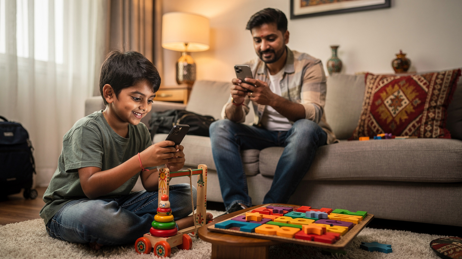 एक माता-पिता अपने बच्चे के iPad पर Screen Time सेटिंग्स को एडजस्ट कर रहे हैं, जबकि बच्चे पास में एक स्थानीय खिलौने से खेल रहे हैं, जो स्क्रीन से दूर रहने को दर्शाता है.