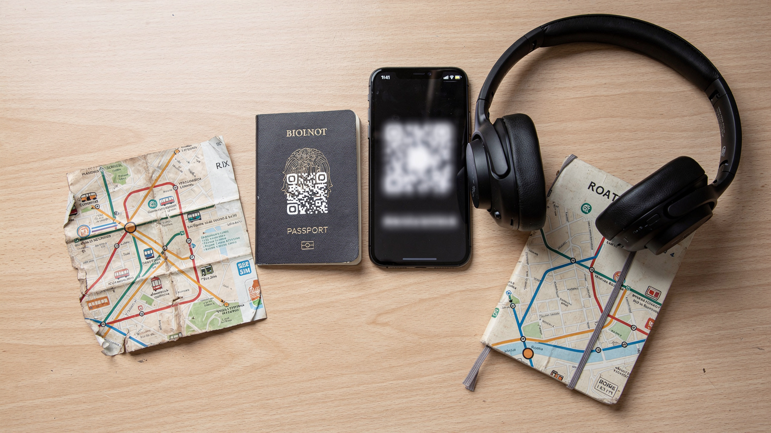 An overhead flat-lay of a student's travel essentials, including a passport, a smartphone displaying a blurred eSIM QR code, noise-canceling headphones, and a local transit map for Rome.