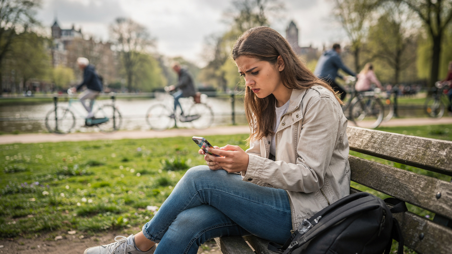 A student looking frustrated, holding their phone while sitting on a park bench, seemingly troubleshooting a connectivity issue.