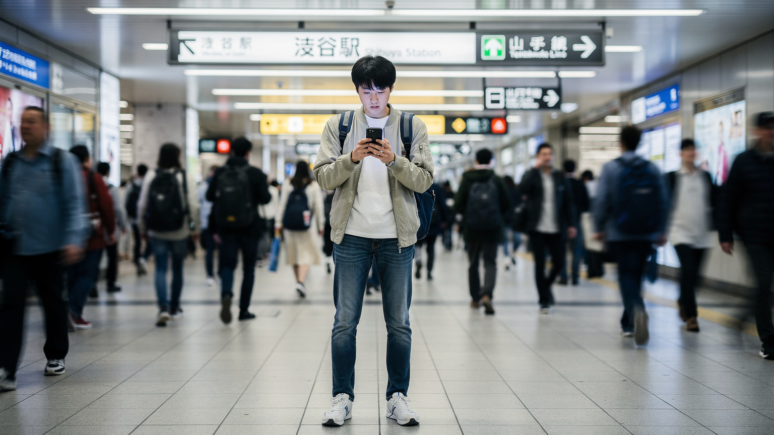 A male student standing in a busy Shibuya Crossing station, looking at his smartphone with a concerned expression, trying to find network signal.