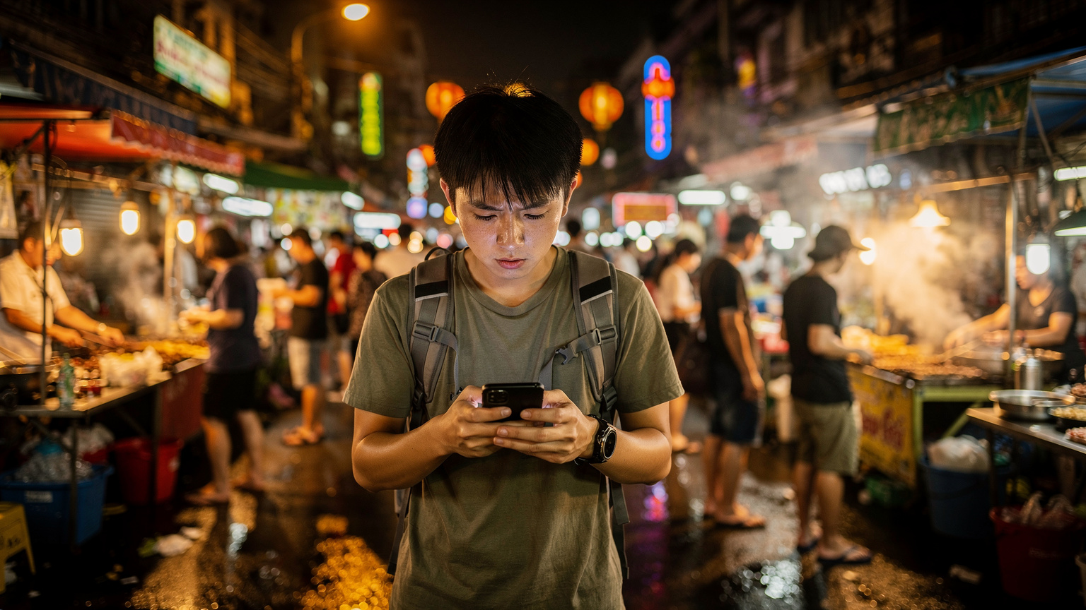 アジアの活気あるナイトマーケットで、スマホの画面をのぞき込み、困った表情をしている日本人旅行者。電波状況が悪く、連絡が取れない状況を表現。