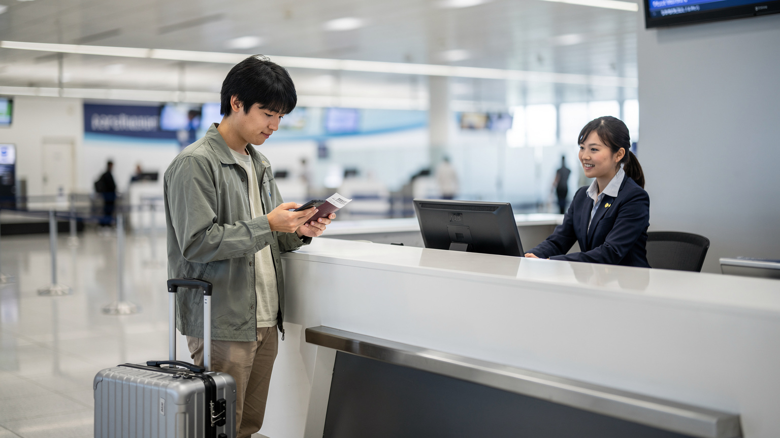 空港のチェックインカウンターで、スマホを見ながら搭乗手続きをしている旅行者。手荷物とパスポートを手に、スムーズな手続きを期待している様子。