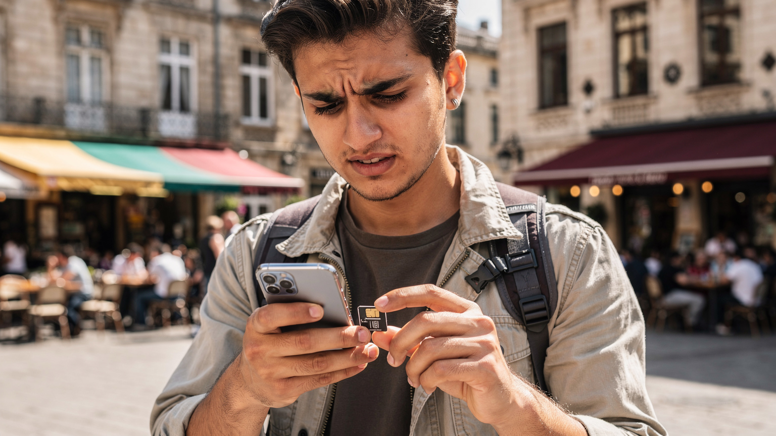 Bir Avrupa şehrinin işlek meydanında, geleneksel bir SIM kartı telefonuna takmaya çalışan, yüzünde bıkkın bir ifade olan genç bir gezgin. Etrafta yerel dükkanlar ve kalabalık bir kafe görünüyor.