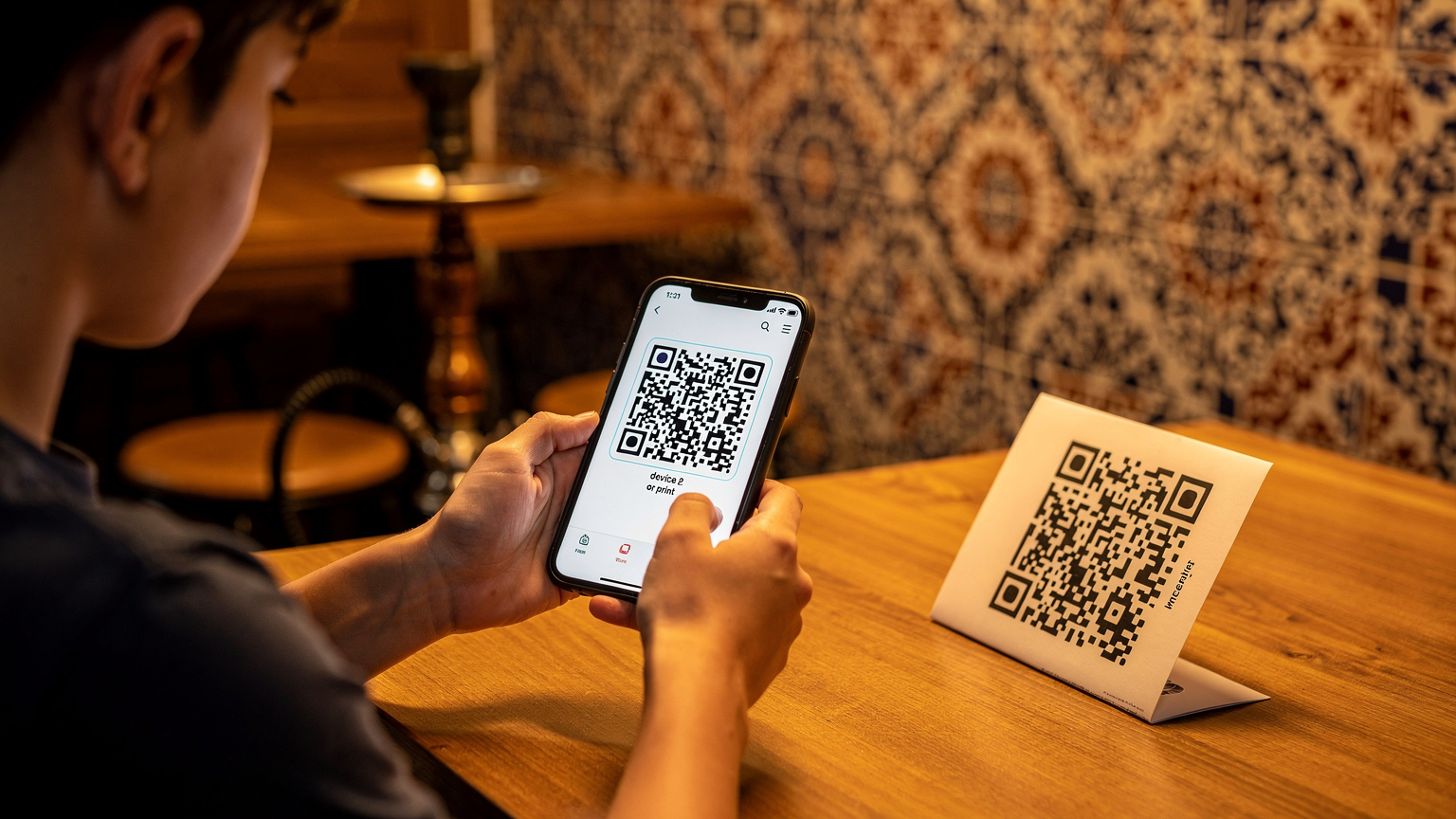 Bir genç, elindeki akıllı telefonundan Cellesim QR kodunu tararken gösteriliyor. Arka planda geleneksel bir Türk kahve dükkanının hafif bulanık iç mekanı, ahşap masalar ve duvarda asılı çini tabaklar var.