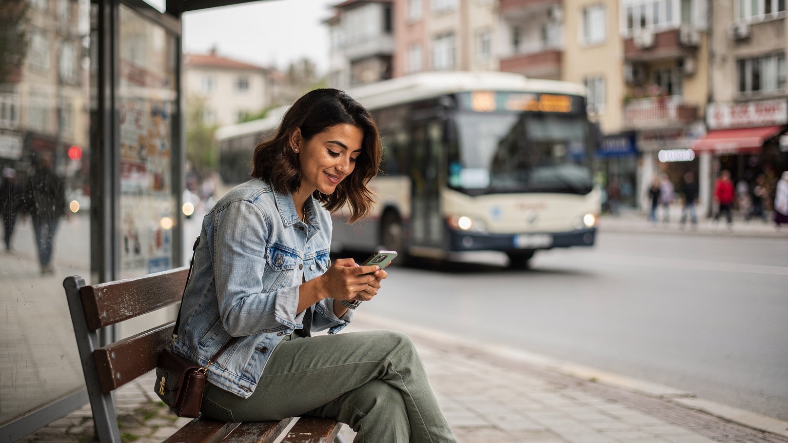 Bir otobüs durağında bekleyen ve telefonunda vize başvuru takip sayfasını kontrol eden bir kadın. Yüzünde rahatlamış bir gülümseme var, arka planda yerel bir otobüs ve şehrin kalabalığı.