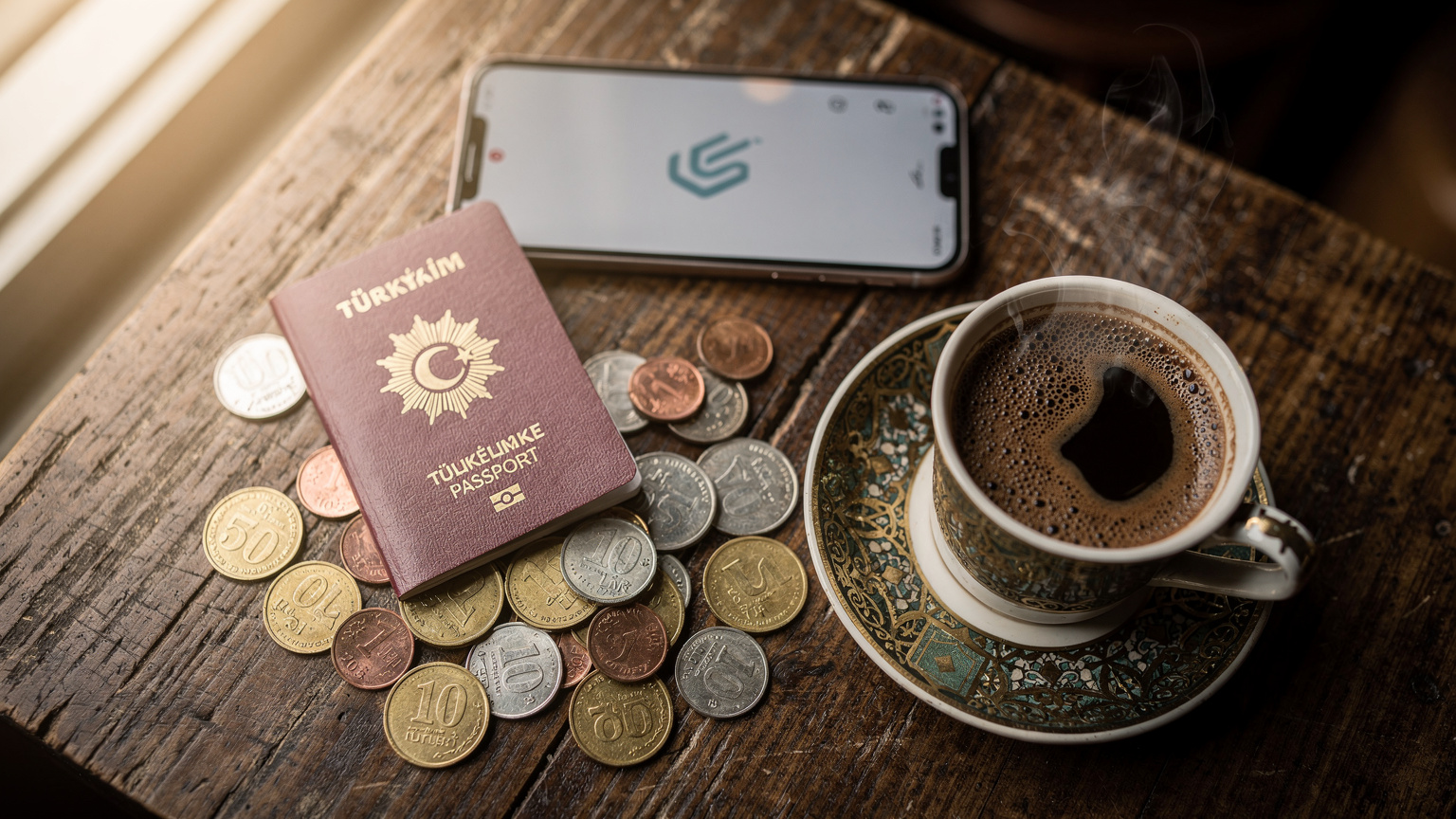 Bir masanın üzerinde, pasaport, bozuk para, bir Türk kahvesi fincanı ve üzerinde Cellesim logosu olan bir akıllı telefonun editorial flat-lay çekimi. Arka plan hafifçe bulanık ve doğal bir ışıkla aydınlatılmış.