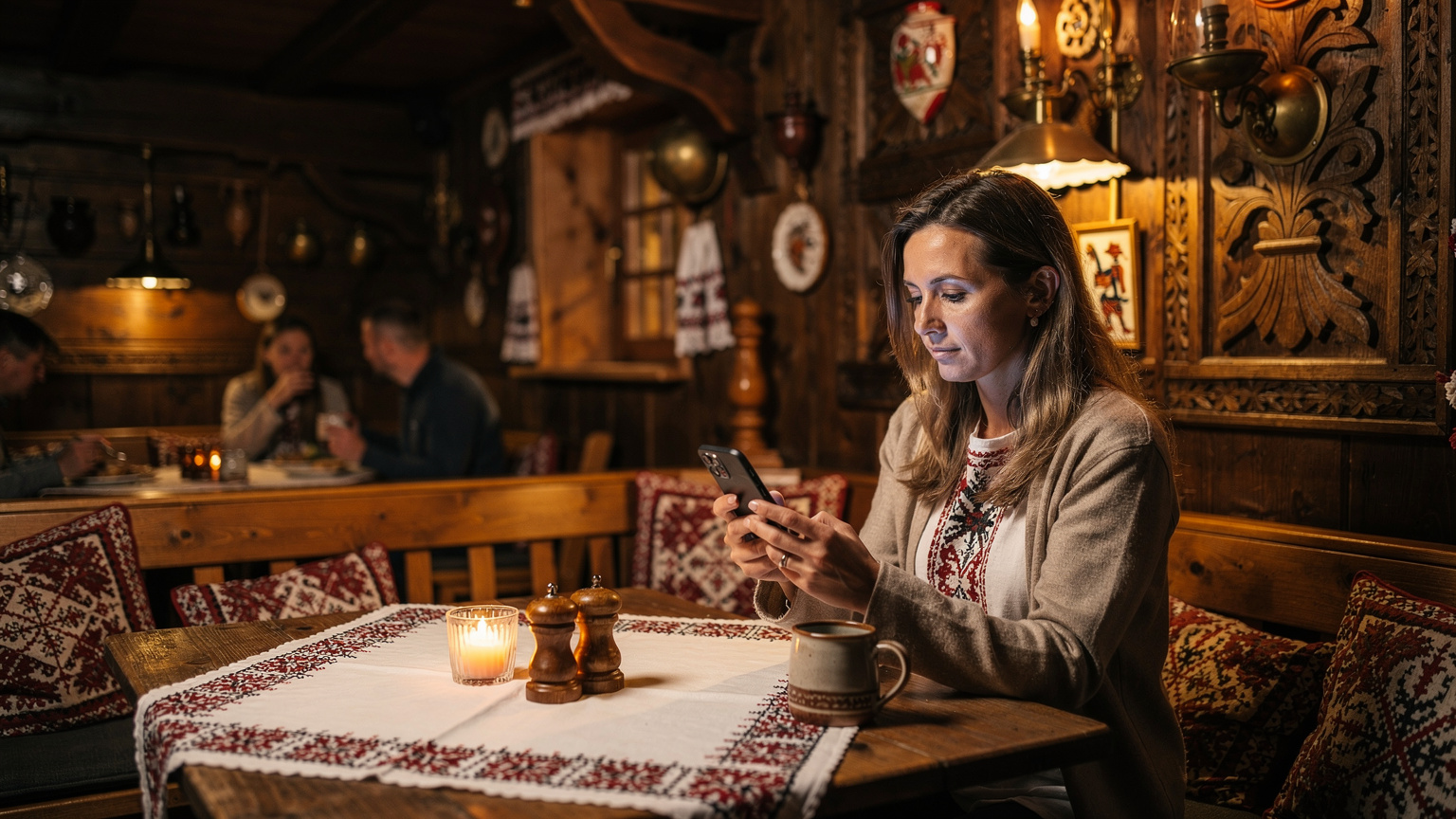 Kobieta siedząca w tradycyjnej góralskiej restauracji w Zakopanem, przegląda menu na smartfonie, w tle drewniane belki, serwety i inni goście.