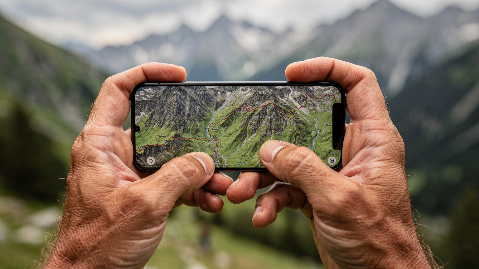 Zbliżenie na dłonie turysty trzymającego smartfon, na ekranie widać szczegółową mapę szlaków górskich w Tatrach w trybie offline, a w tle rozmyty widok na zielone doliny.