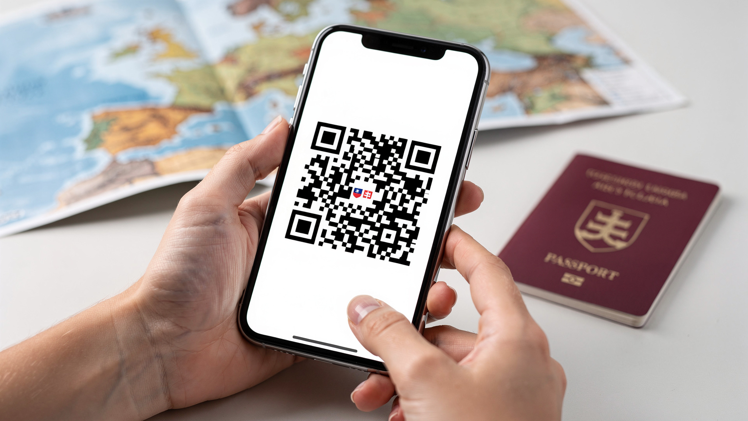 Ruka mladého študenta skenuje QR kód pre aktiváciu eSIM, s rozmazaným pozadím mapy Európy a pasu, čo symbolizuje ľahkosť pripojenia na cestách.