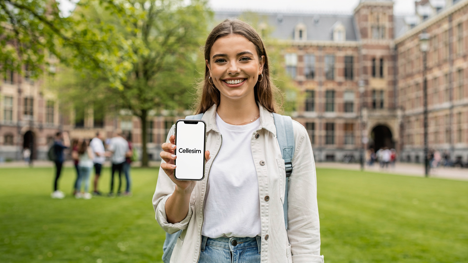 Študentka s úsmevom drží telefón, na ktorom je zobrazené logo Cellesim, s rozmazaným pozadím rušného univerzitného kampusu v Amsterdame, čo symbolizuje jednoduchosť a spoľahlivosť pripojenia.