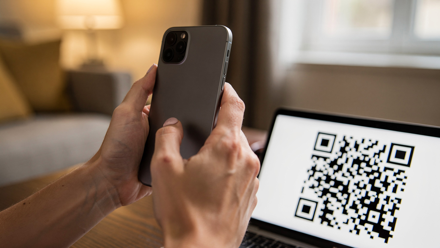 Човешки ръце държат смартфон и сканират QR код от друг екран или разпечатка, за да активират eSIM, с разфокусиран фон на уютна стая.