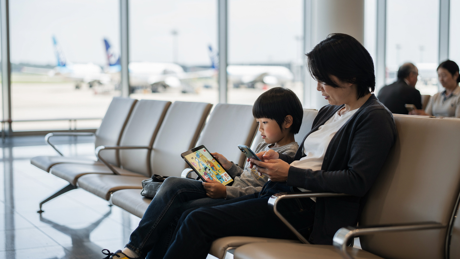 空港の待合室で、子供がタブレットで動画を見ている様子。親は横で自分のスマートフォンで旅行情報を確認している。