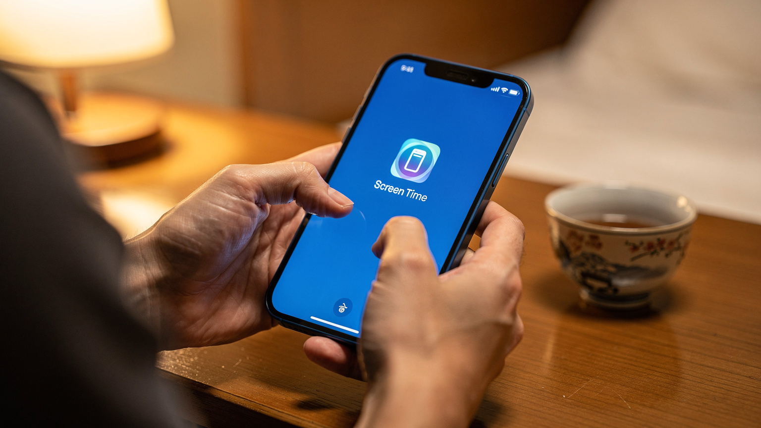 子供のスマートフォンでペアレンタルコントロールの設定画面を見ている親の手元。画面にはスクリーンタイムのアイコンが見える。