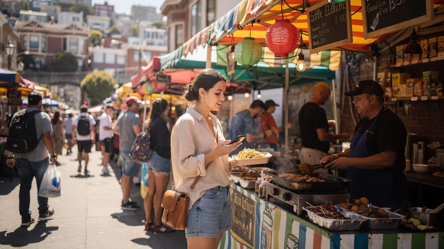 Een bruisende straatmarkt in San Francisco met eetkraampjes en toeristen. Een reiziger bestelt street food terwijl ze op haar telefoon kijkt voor een route of vertaling.