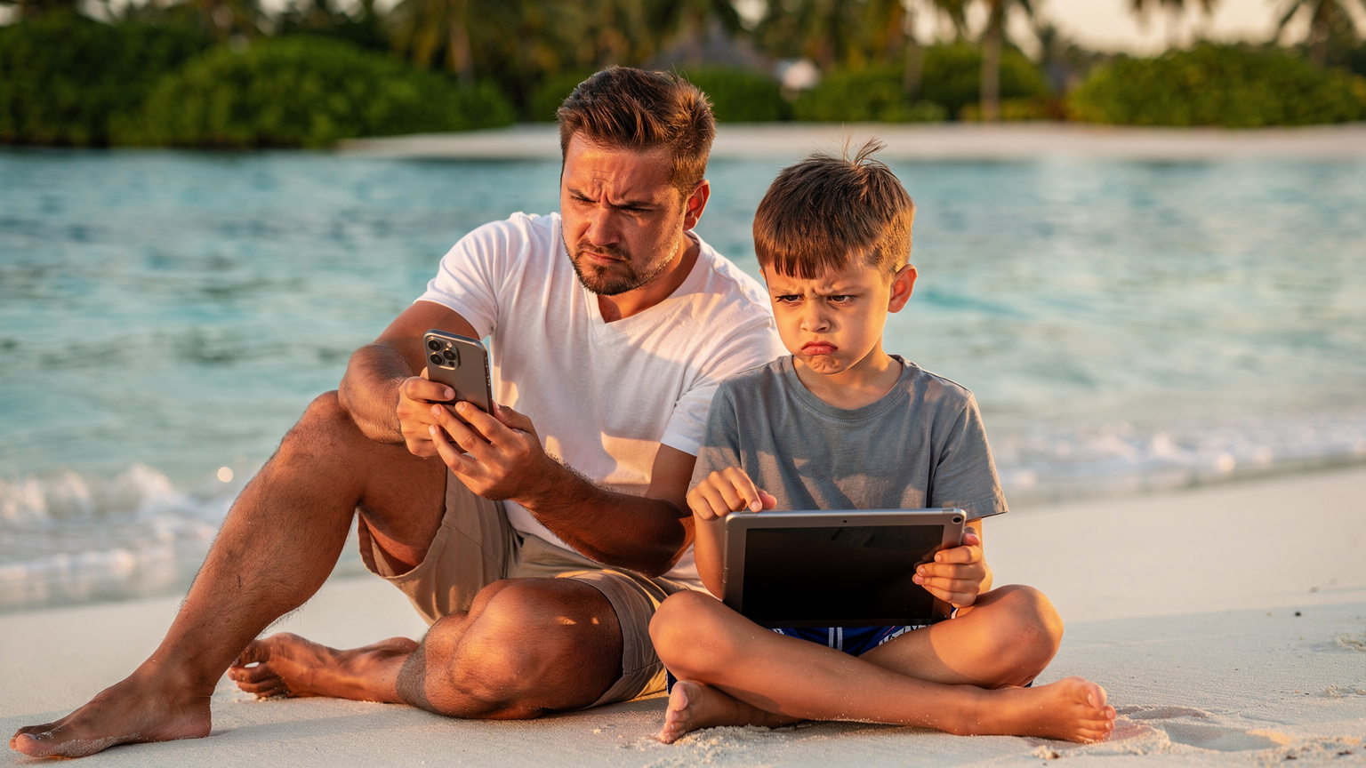 Un père et son fils sont assis côte à côte sur une plage idyllique des Maldives, le père regarde son smartphone avec une expression de légère frustration, tandis que le fils, l'air renfrogné, pointe du doigt l'écran de sa tablette éteinte. L'eau turquoise et le sable blanc sont en arrière-plan.
