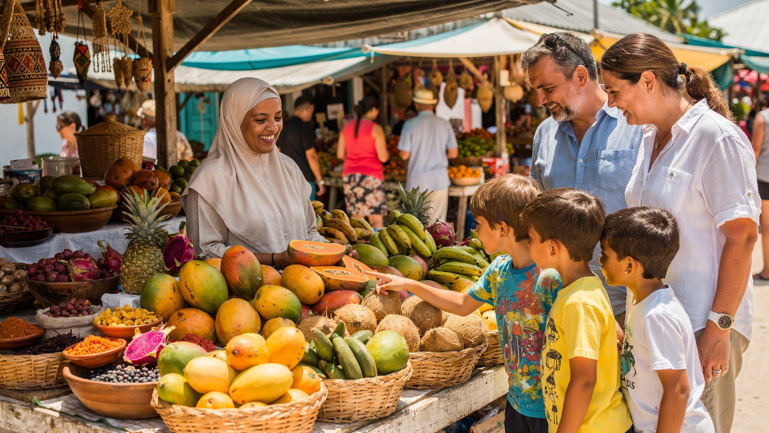 Une vendeuse souriante sur un marché local animé à Malé, Maldives, présentant des fruits tropicaux frais à une famille de touristes français. L'ambiance est colorée et authentique. La lumière du jour est vive.