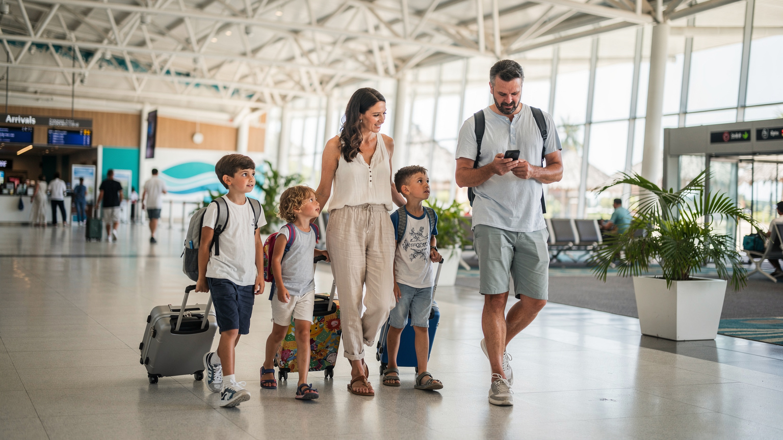 Une famille française, père, mère et deux enfants, arrive à l'aéroport international de Malé aux Maldives. Ils ont l'air fatigués mais souriants, avec leurs bagages, et le père consulte son téléphone pour l'itinéraire. L'architecture moderne de l'aéroport est visible en arrière-plan.