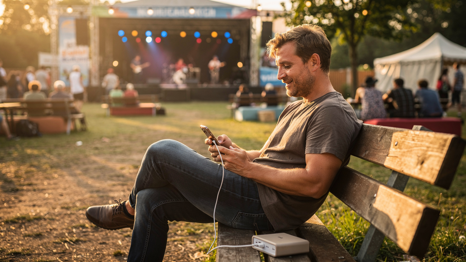 Ein Reisender lädt sein Smartphone mit einer Powerbank auf, während er auf einer Bank sitzt und die Live-Musik auf einer Nebenbühne des Festivals im Hintergrund genießt.