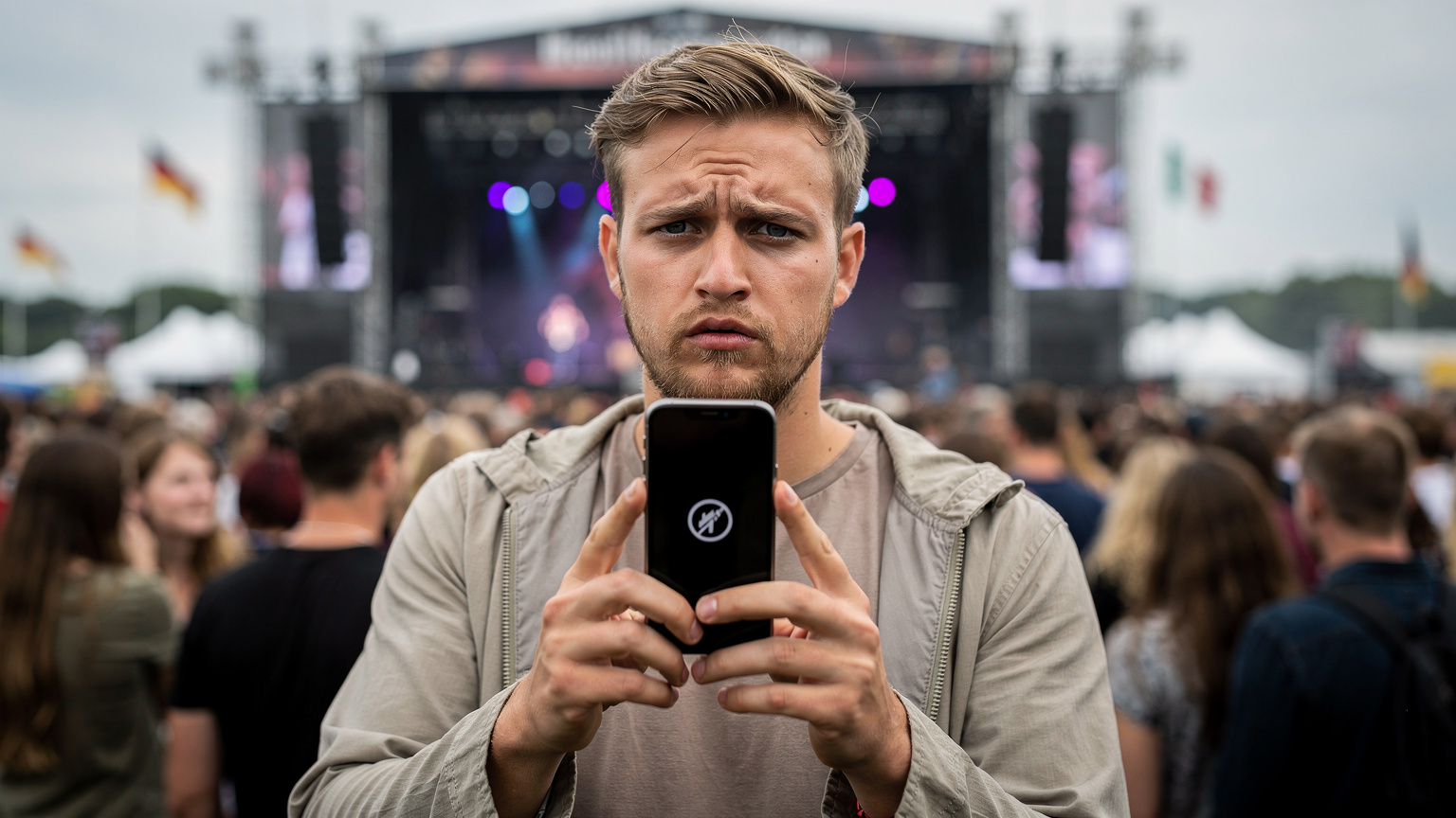 Ein junger Mann blickt besorgt auf sein Smartphone, das keinen Empfang anzeigt, während er in einer Menschenmenge auf einem Festival steht, im Hintergrund verschwimmt die Bühne.