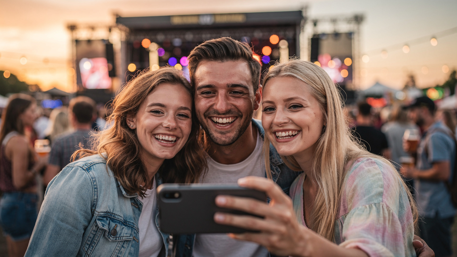 Eine fröhliche Gruppe von Freunden posiert für ein Selfie vor einer Open-Air-Bühne bei Sonnenuntergang, ihre Gesichter strahlen vor Freude und die Festivalatmosphäre ist greifbar.
