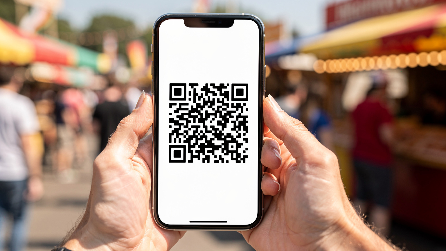 Eine Nahaufnahme eines Smartphones, das einen QR-Code für die eSIM-Aktivierung anzeigt, mit einer verwischten Kulisse eines Festivalgeländes im Hintergrund.