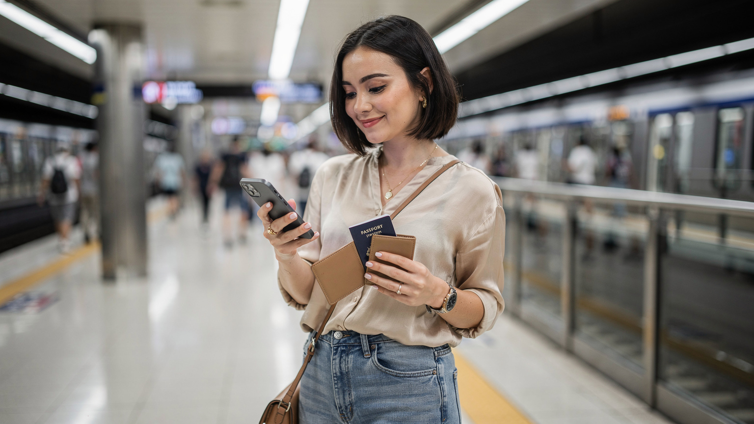 Seorang wanita tersenyum dan memegang ponsel di stasiun kereta MRT Singapura, dengan paspor dan dompet kecil di tangan lainnya.