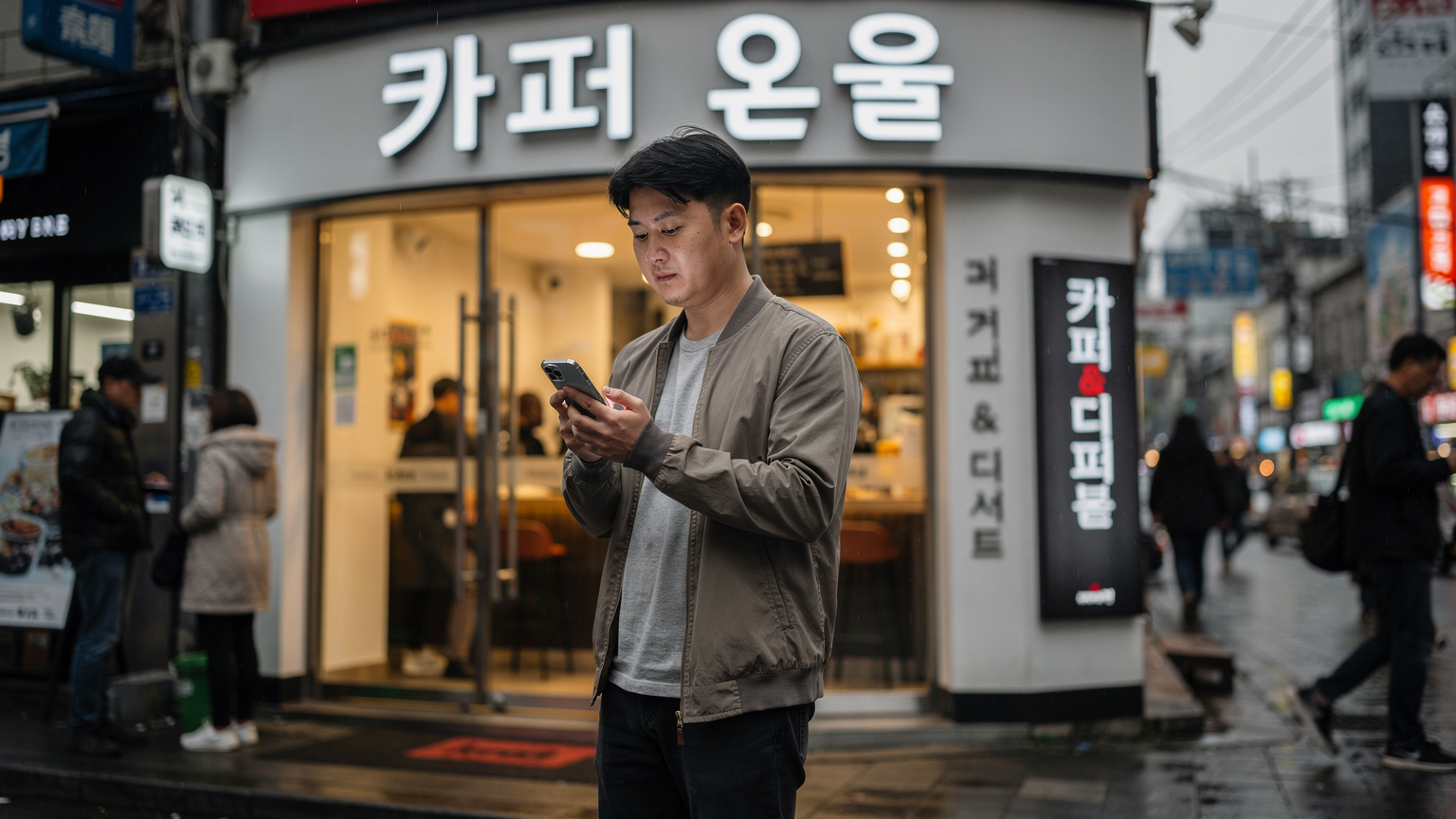 Seorang pria memegang ponsel di depan sebuah kafe yang ramai dengan tulisan Korea di papan nama di Myeongdong, Seoul.