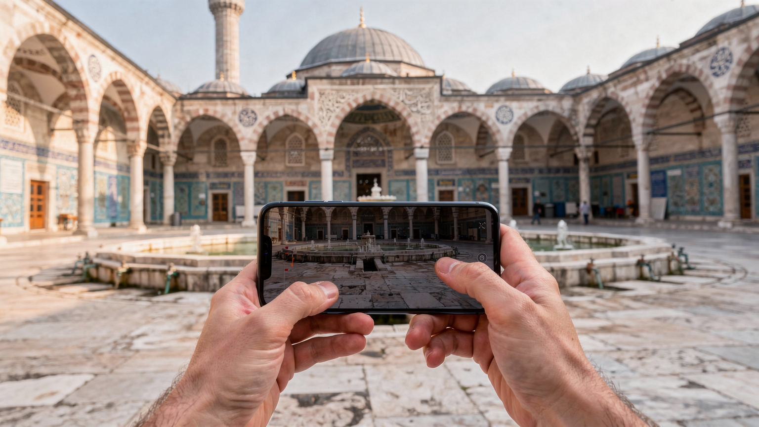 Ein Reisender hält sein Smartphone hoch, um ein Foto von einer historischen Moschee in Bursa zu machen, wobei er diskret darauf achtet, keine Personen direkt abzubilden.