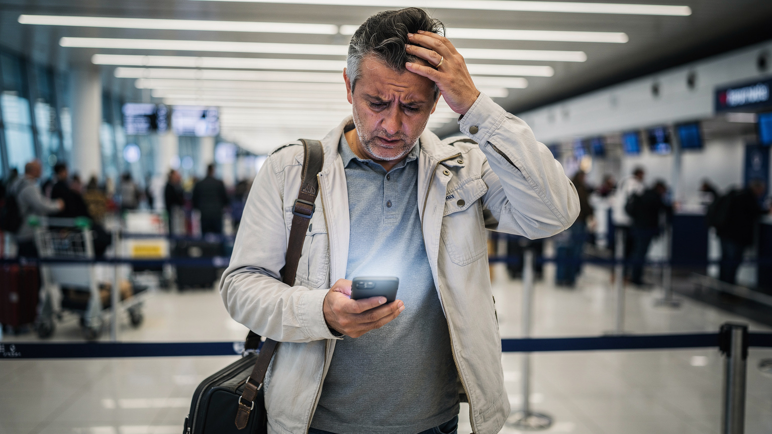 Ein gestresster Reisender steht am Check-in-Schalter des Flughafens Istanbul, blickt besorgt auf sein Smartphone, das eine Fehlermeldung anzeigt.