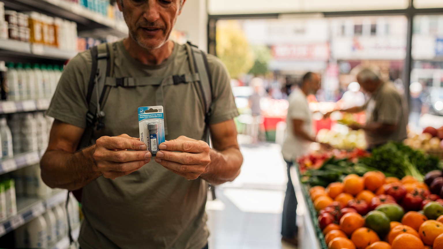 Ein Reisender prüft eine Packung Leitungswasserfilter in einem Supermarkt in Izmir, während ein lokaler Marktverkäufer im Hintergrund Obst und Gemüse arrangiert.