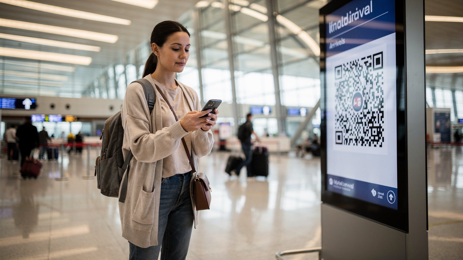 Une femme en tenue de voyage, tenant un smartphone, scanne un code QR affiché sur un panneau numérique à l'aéroport d'Istanbul, suggérant l'activation d'une eSIM après l'atterrissage.