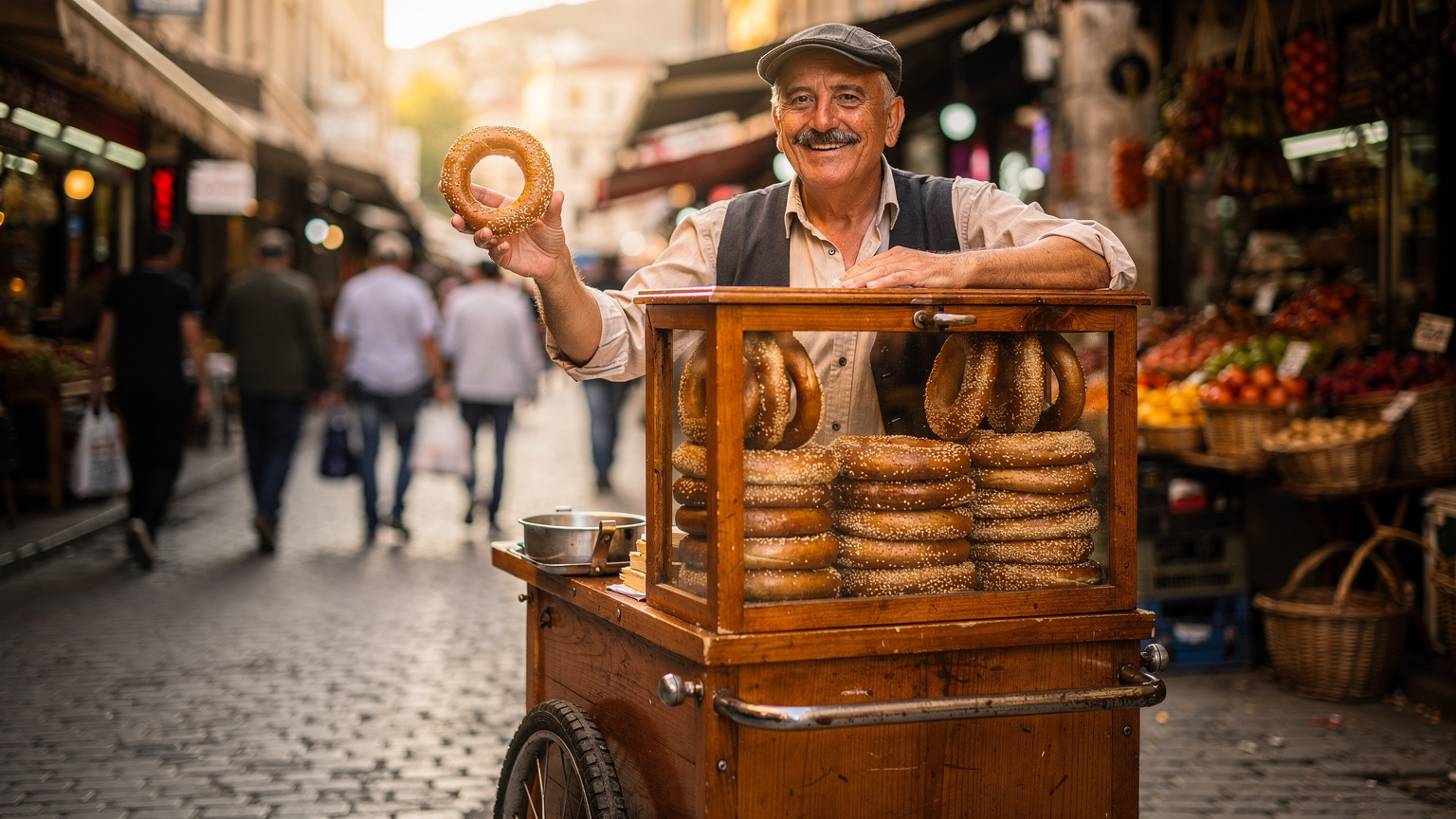 Un vendeur souriant propose des simit frais, empilés sur une charrette en bois, au milieu d'un marché traditionnel animé d'Istanbul, avec des passants flous en arrière-plan.