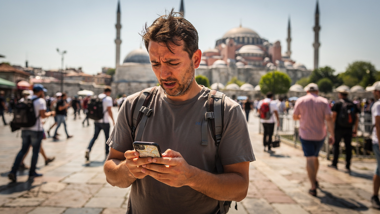 Un homme, l'air confus et légèrement paniqué, tient son smartphone et regarde une carte numérique sur une place bondée d'Istanbul, cherchant son chemin.