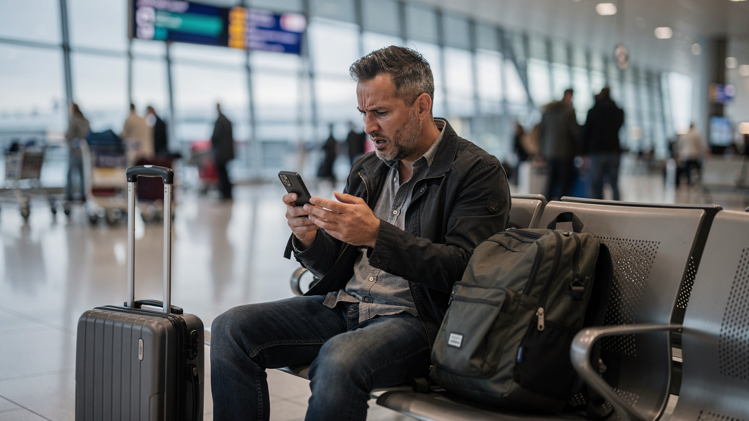 Un turista frustrato guarda il suo smartphone con un'espressione confusa, seduto su una panchina nell'area arrivi dell'aeroporto Heathrow di Londra, con bagagli accanto a lui.