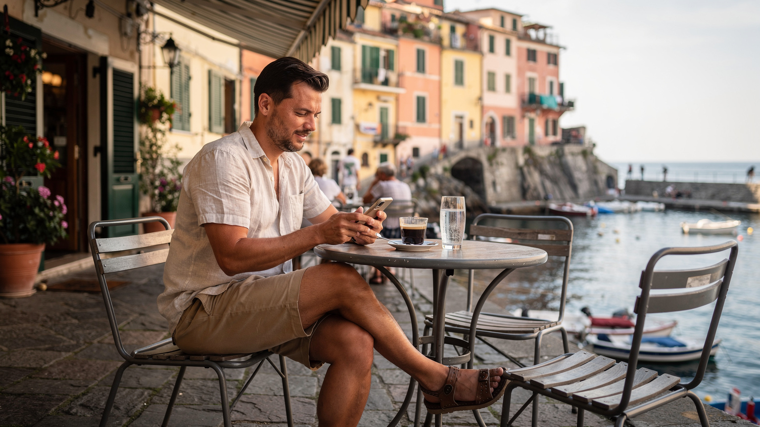 Un viaggiatore utilizza il suo smartphone in un caffè tradizionale nella regione delle Cinque Terre, con la vista sul mare e i tipici borghi liguri sullo sfondo.