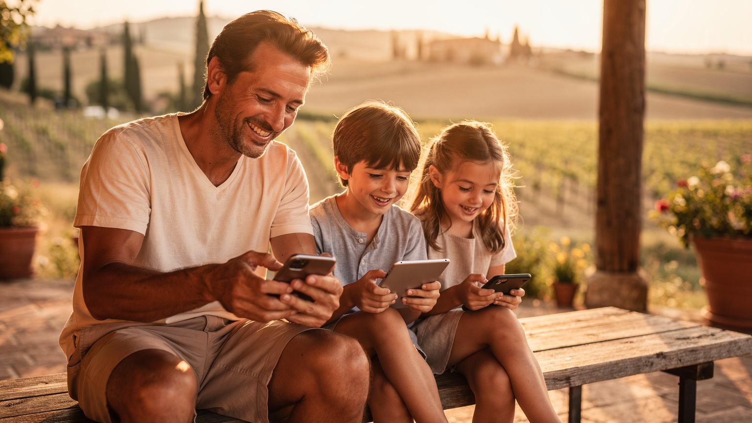 Un padre e i suoi due figli sorridono mentre usano i loro tablet e smartphone, tutti connessi all'hotspot del padre in un ambiente accogliente di un agriturismo toscano al tramonto.