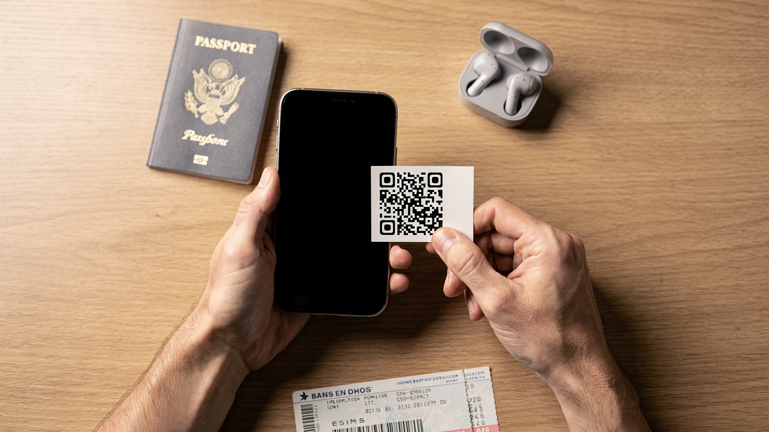 Mani di un viaggiatore mentre tiene uno smartphone e inquadra un codice QR stampato su un foglio, per attivare un'eSIM, con una vista parziale di un passaporto e biglietti aerei sul tavolo.