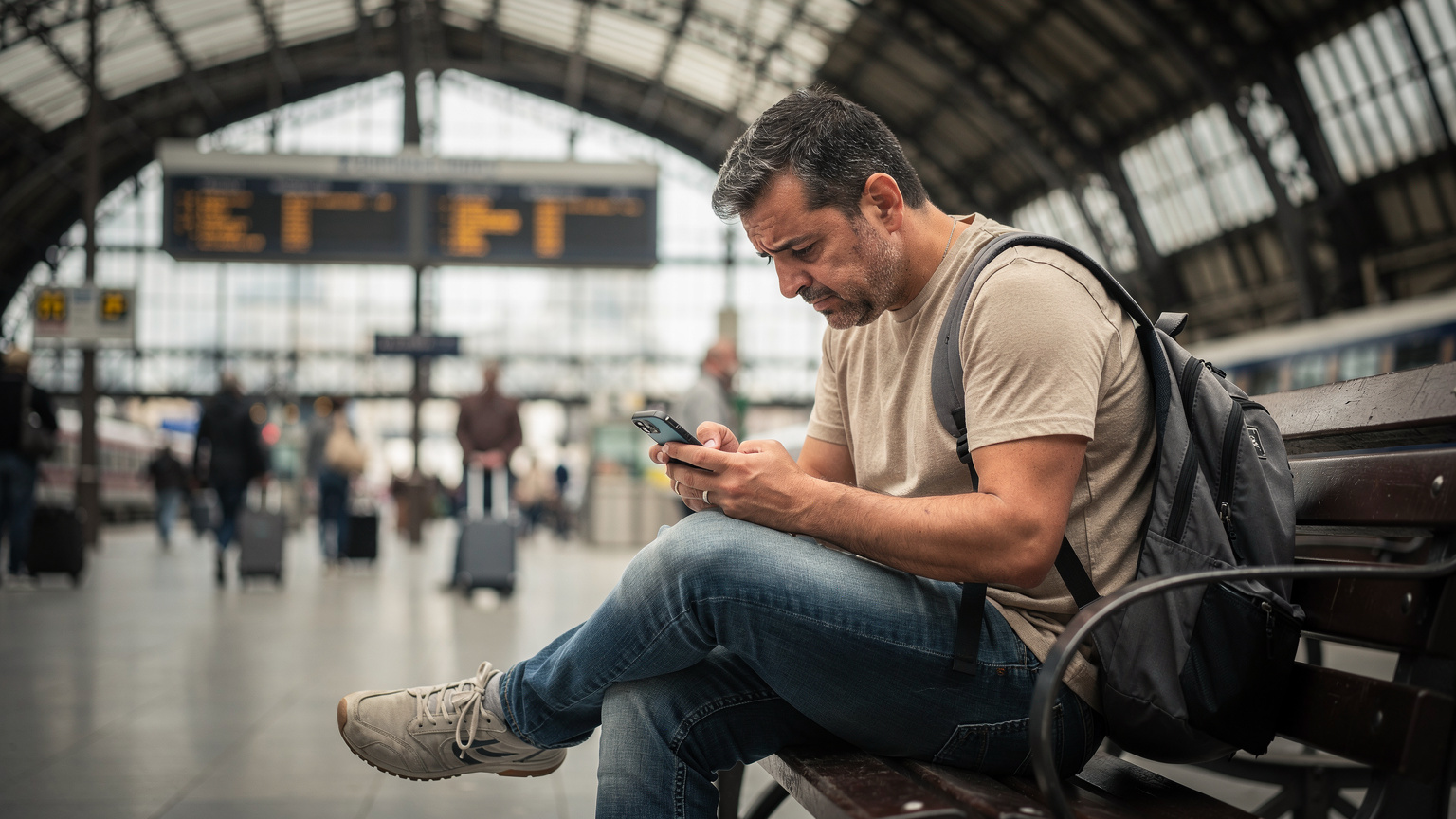 Un uomo italiano con uno zaino è seduto su una panchina in una stazione ferroviaria europea trafficata, come la Gare du Nord a Parigi, consultando il suo telefono con un'espressione leggermente preoccupata, come se avesse un problema di connessione dati.